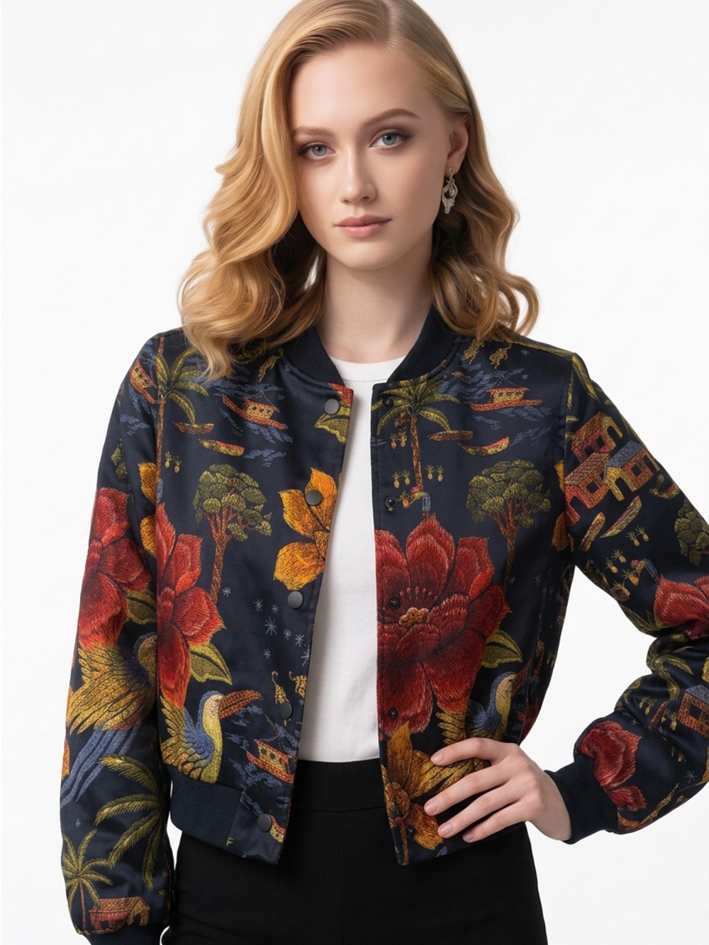 Industry-Floral Navy Bomber Jacket with Red & Gold Accents